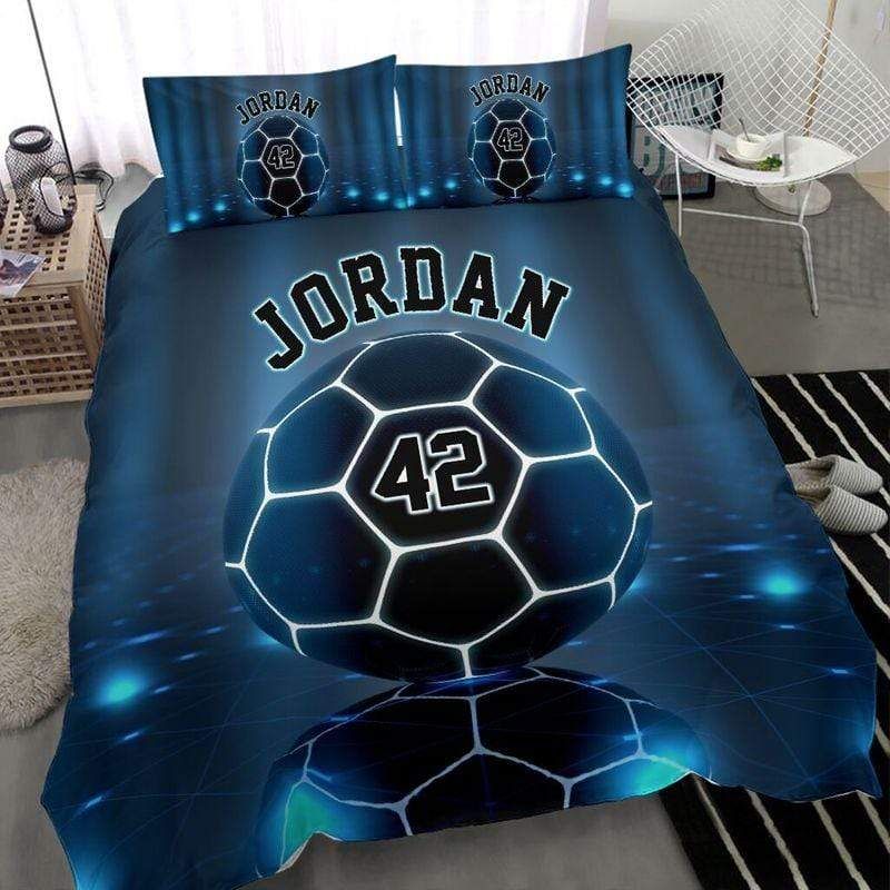 Personalized Soccer Blue Light Custom Duvet Cover Bedding Set With Your Name And Number