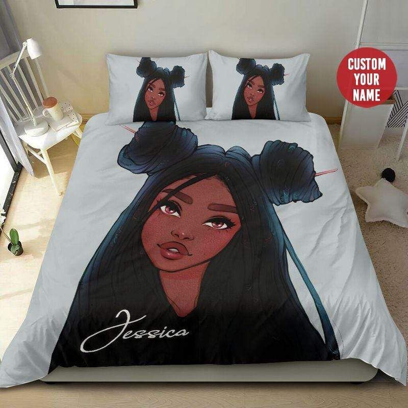 Personalized Black Girl Long Hairstyle Custom Name Duvet Cover Bedding Set