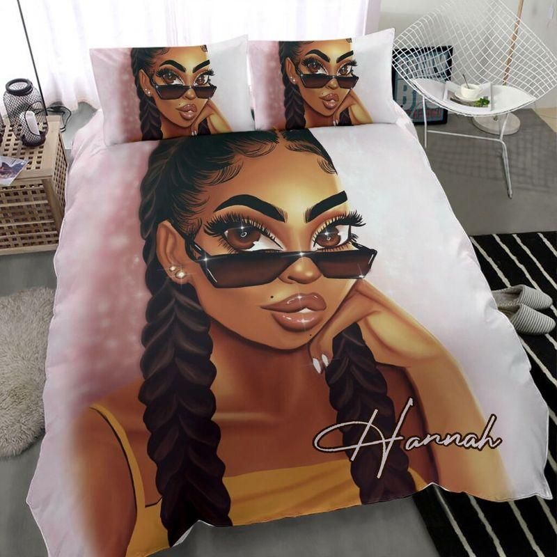 Personalized African American Girl With Glasses Bedding Custom Name Duvet Cover Bedding Set