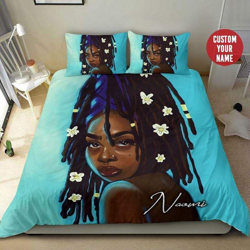 Personalized Black Girl With Locs Braiding Hair Custom Name Duvet Cover Bedding Set