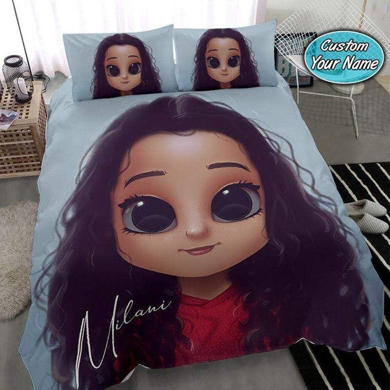 Personalized Black Cute Girl Long Curly Hair Bedding Custom Name Duvet Cover Bedding Set