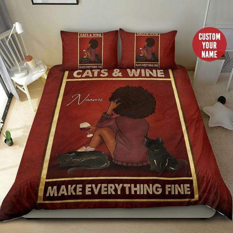 Personalized Black Girl Love Cat And Wine Custom Name Duvet Cover Bedding Set