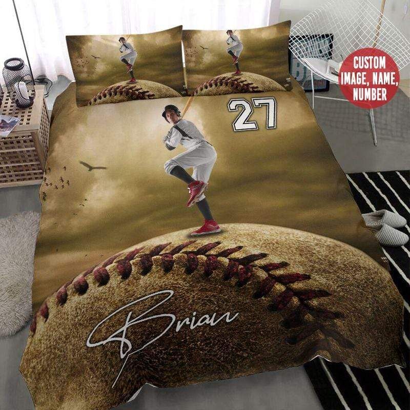 Personalized Baseball Player On Ball Background Custom Duvet Cover Bedding Set With Your Name Number And Photo