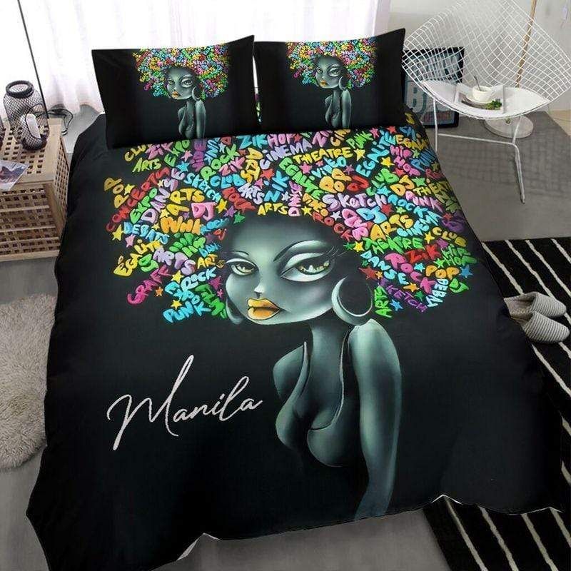 Personalized Black Woman Afro Letter Custom Name Duvet Cover Bedding Set