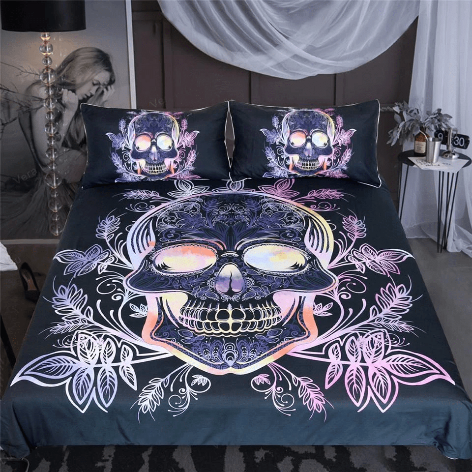 Gothic Skull Leaves Paisley Pink Purple Bedding Duvet Cover Bedding Set