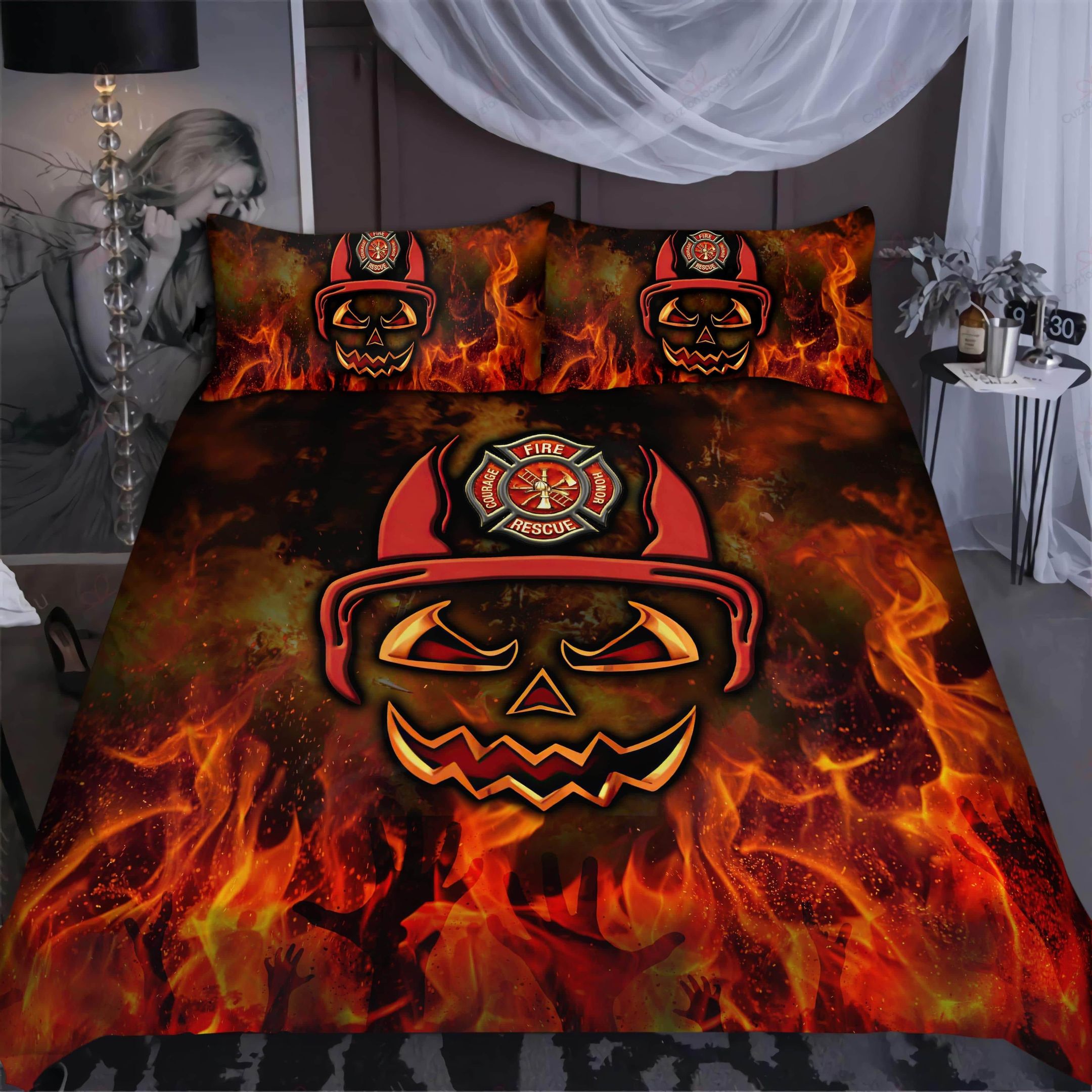Halloween Season Firefighter On The Fire Duvet Cover Bedding Set