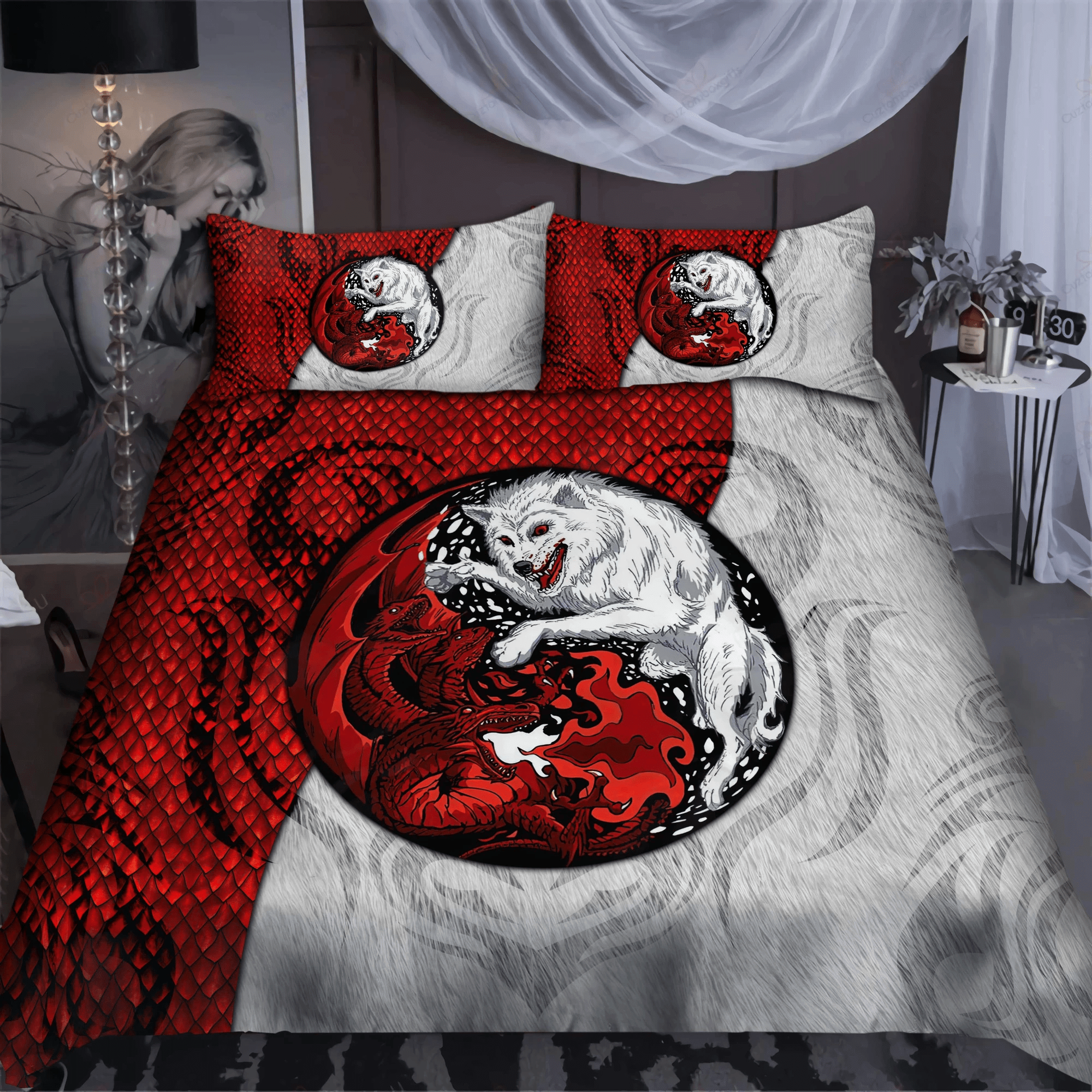 Red Dragon And White Wolf Duvet Cover Bedding Set