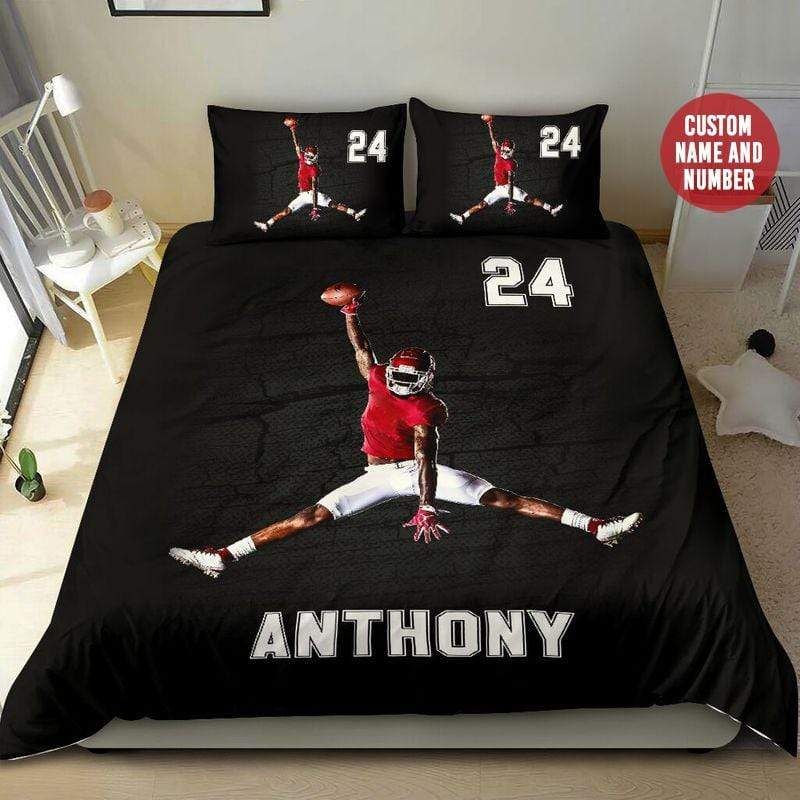 Personalized Football Jumping Player Cool Custom Duvet Cover Bedding Set With Your Name And Number