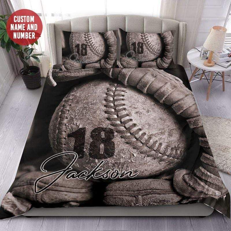 Personalized Baseball Vintage Glove And Ball Custom Duvet Cover Bedding Set With Your Name