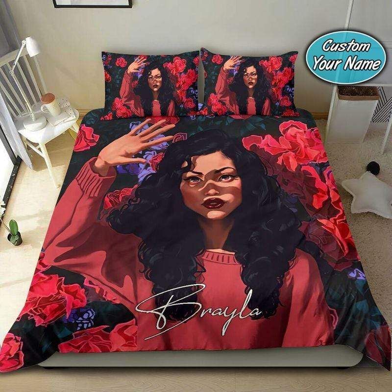 Personalized Black Girl Red Flower Custom Name Duvet Cover Bedding Set