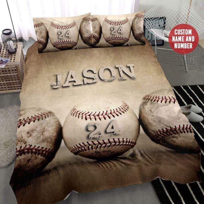 Personalized Baseball 3 Balls Vintage Custom Duvet Cover Bedding Set With Your Name
