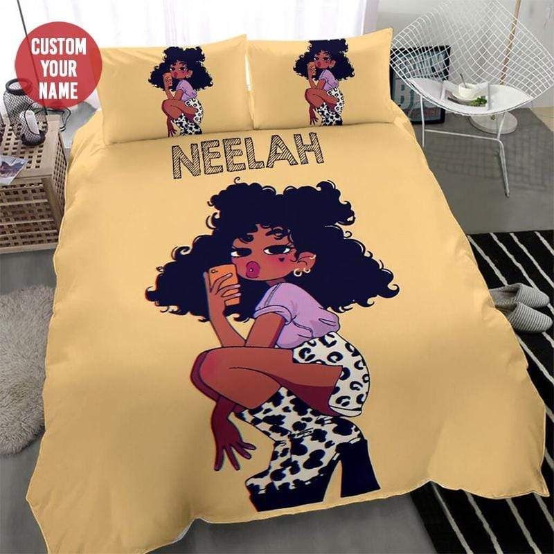 Personalized Sassy Cool Black Teen Girl Selfie Custom Name Duvet Cover Bedding Set