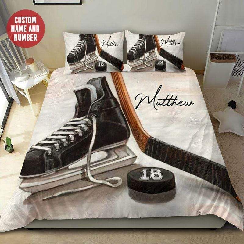 Personalized Hockey Stick Shoe And Puck Vintage Custom Duvet Cover Bedding Set With Your Name