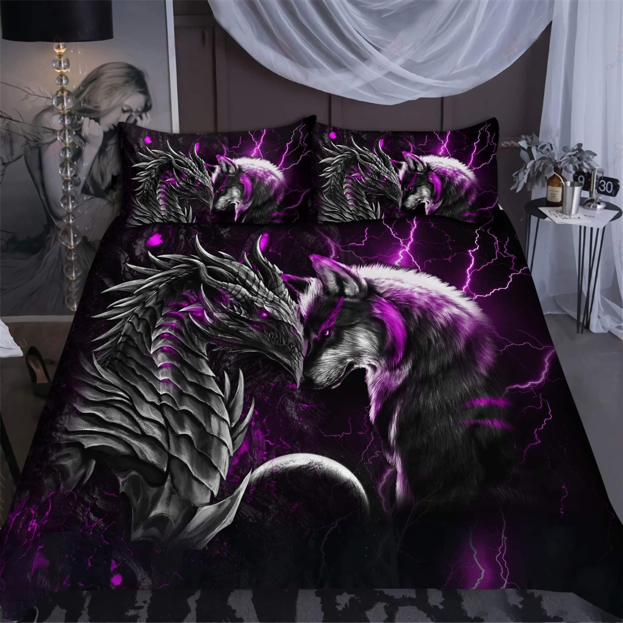 Purple Dragon & Wolf Light Bedding Set