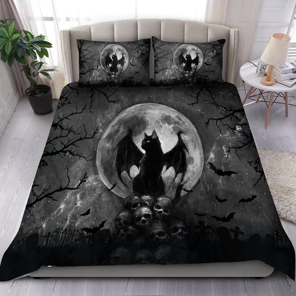 Black Cat And Skull Halloween Duvet Cover Bedding Set
