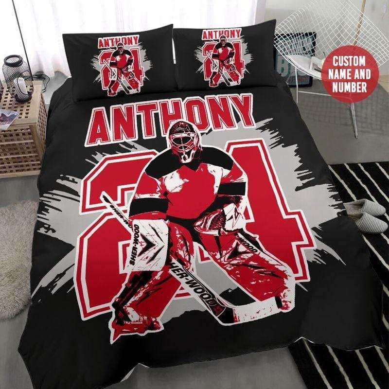 Personalized Hockey Player Coolest Red Custom Duvet Cover Bedding Set With Your Name And Number