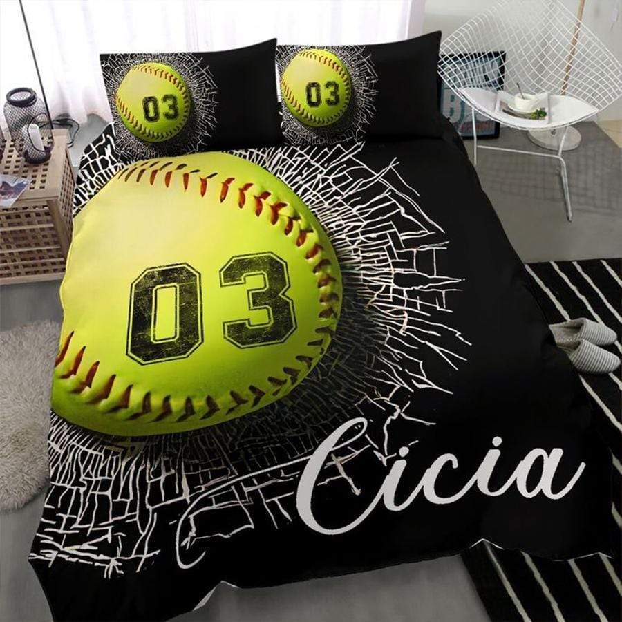 Personalized Softball Breaking Ball Custom Duvet Cover Bedding Set With Your Name And Number
