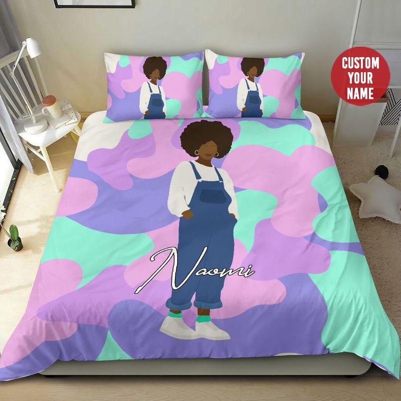 Personalized Pastel Purple Camo Afro Black Girl Custom Name Duvet Cover Bedding Set