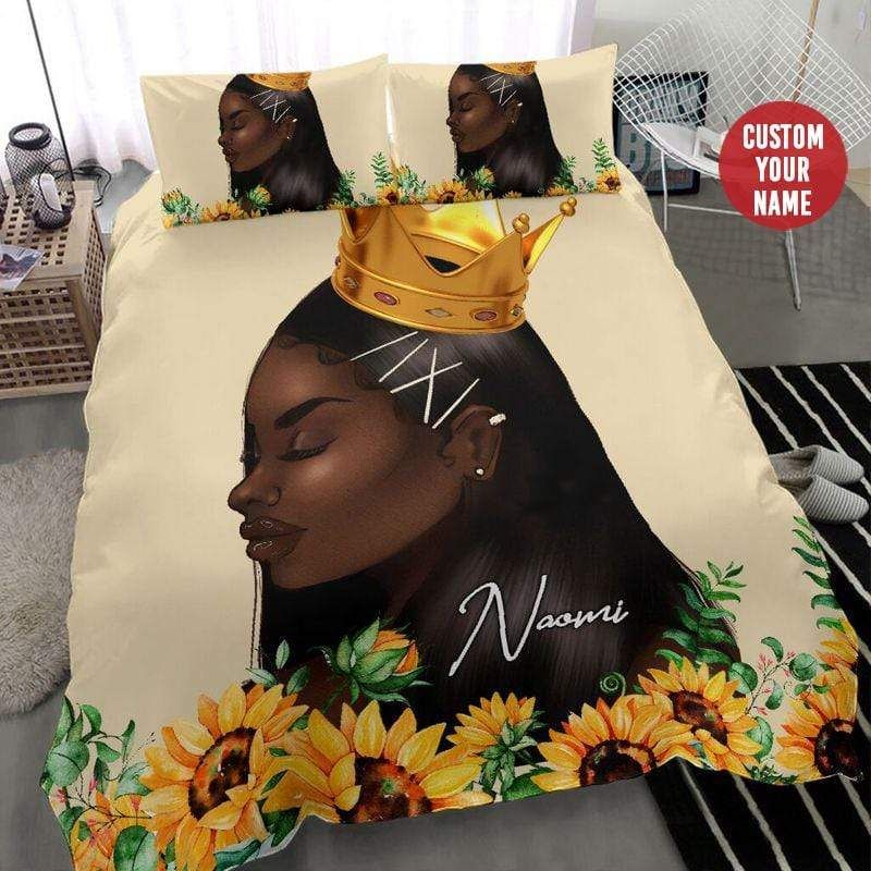 Personalized Black Girl Queen Sunflower Music Custom Name Duvet Cover Bedding Set