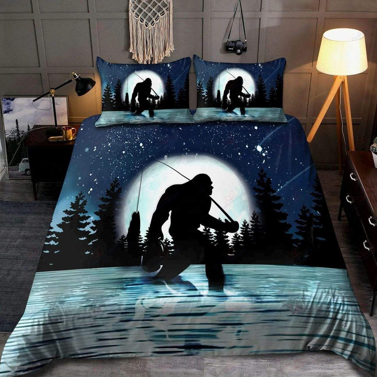 Bigfoot Fishing Under The Moonlight Duvet Cover Bedding Set