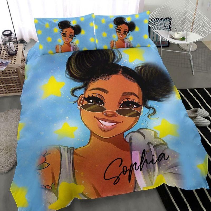Personalized African Black Girl Star Custom Name Duvet Cover Bedding Set