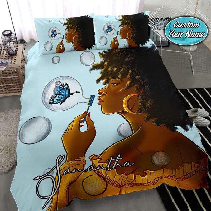 Personalized Black Girl Bubble Butterfly Bedding Custom Name Duvet Cover Bedding Set