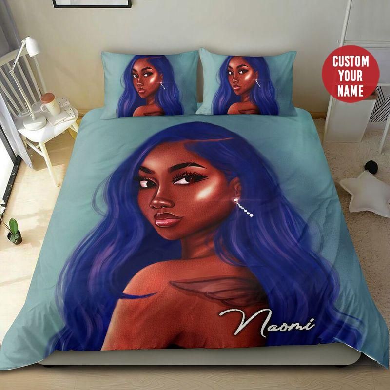 Personalized Black Girl Blue Hair Custom Name Duvet Cover Bedding Set
