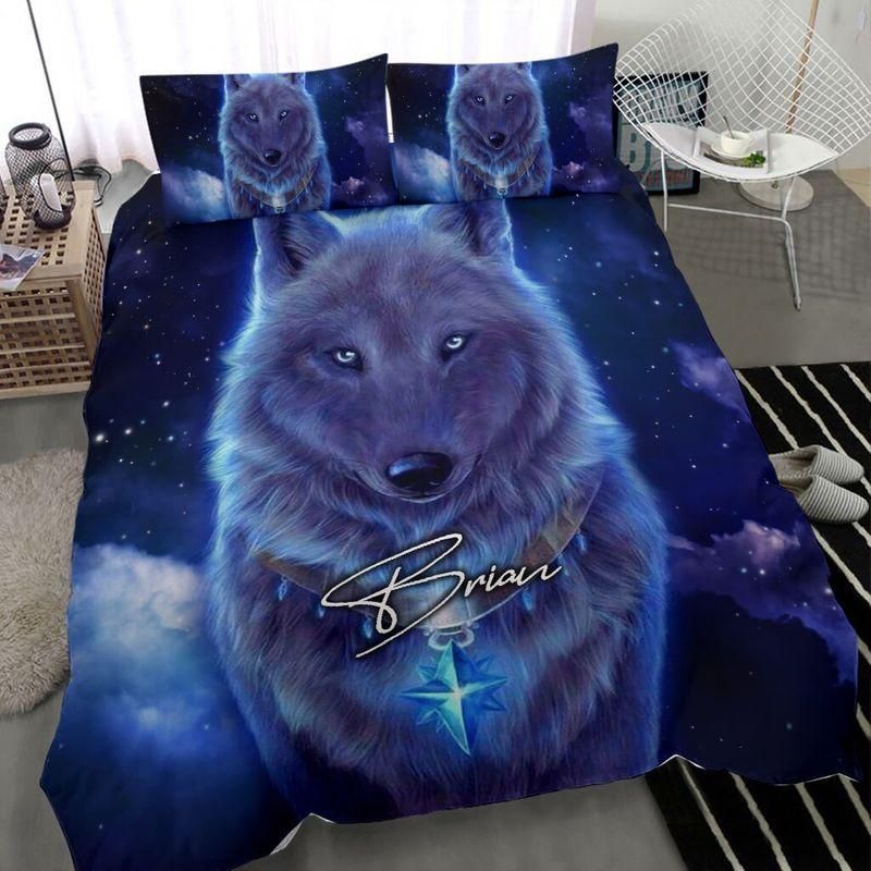 Personalized White Wolf Galaxy Custom Duvet Cover Bedding Set With Your Name