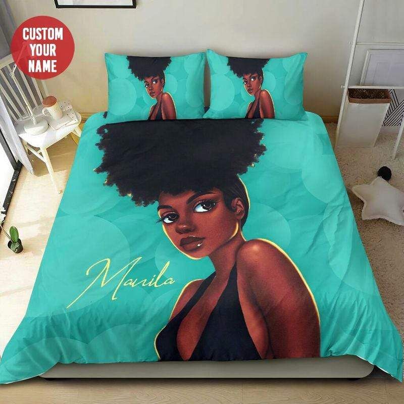 Personalized African Charming Afro Puff Black Woman Custom Name Duvet Cover Bedding Set