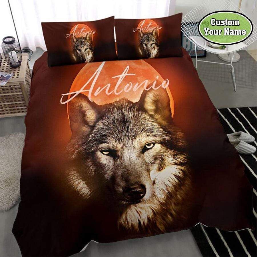 Personalized Wolf And Red Moon Custom Name Duvet Cover Bedding Set