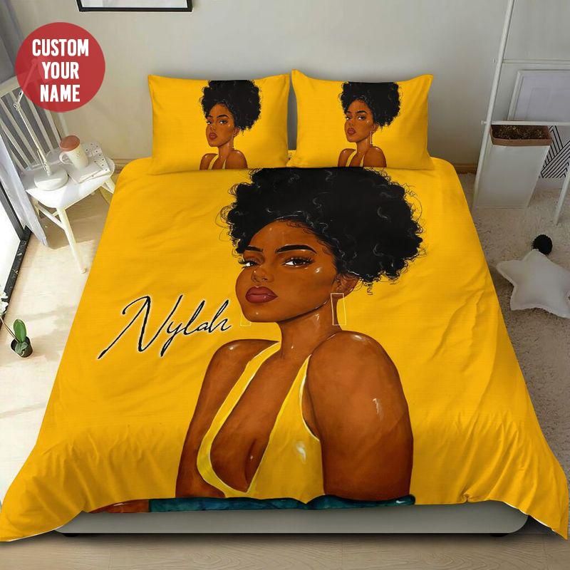 Personalized Black Cool Girl Yellow Top Custom Name Duvet Cover Bedding Set