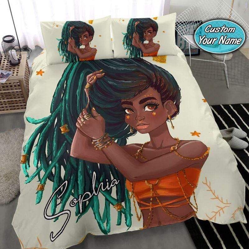 Personalized Loc Hair Girl Black Art Custom Name Duvet Cover Bedding Set