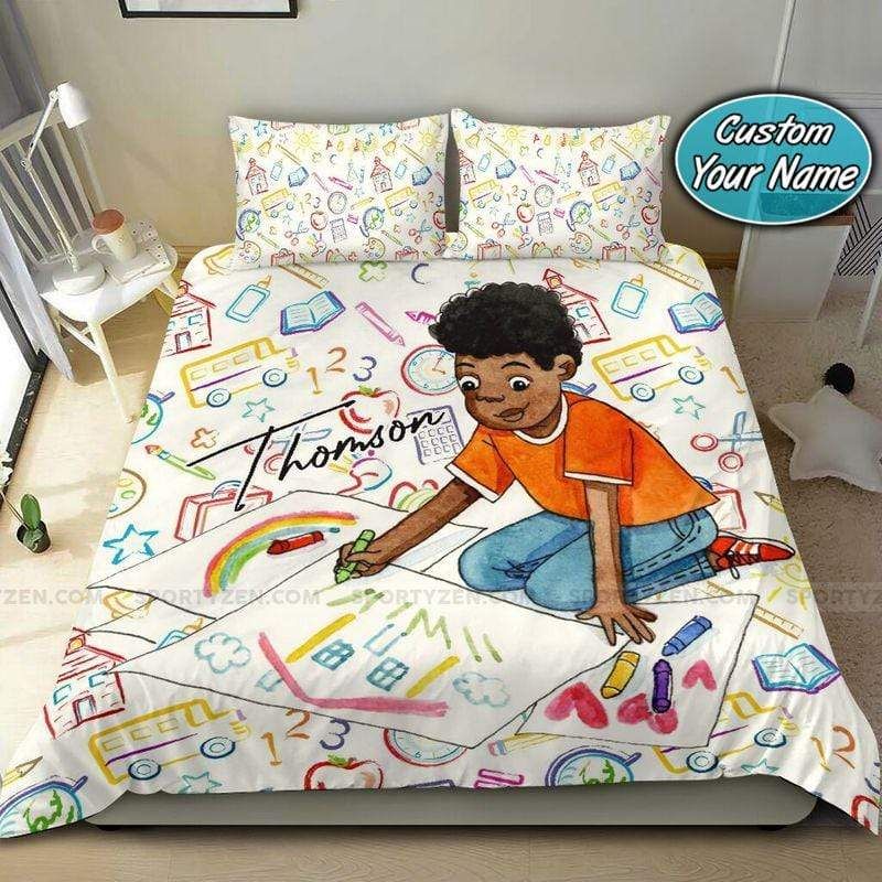 Personalized Smart Little Black Baby Boy Drawing Custom Name Duvet Cover Bedding Set