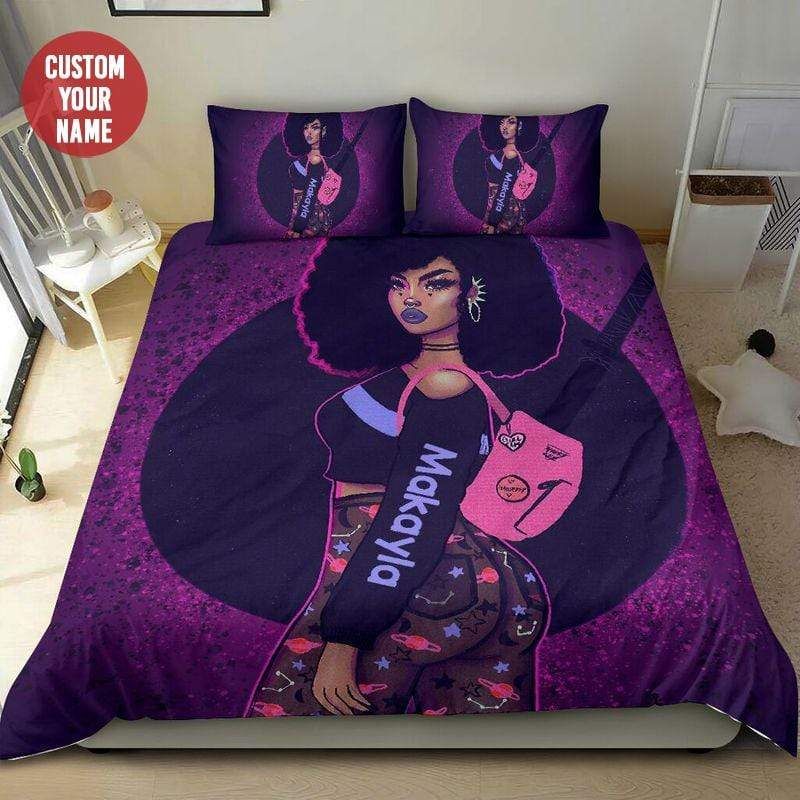 Personalized Purple Black Cool Girl Duvet Cover Bedding Set Custom Name