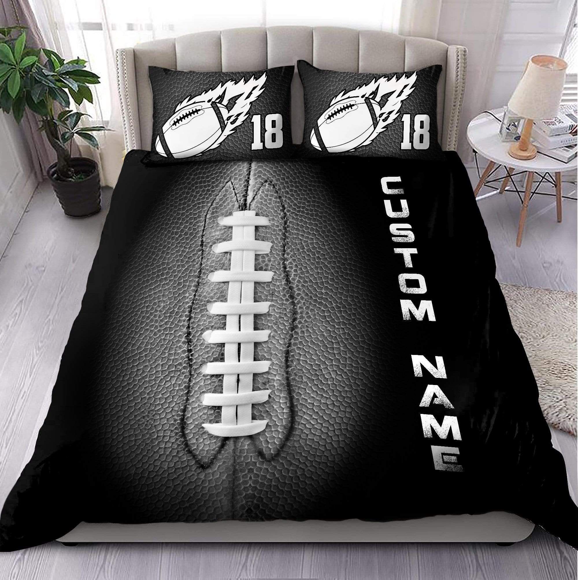 Personalized Football Black And White Custom Duvet Cover Bedding Set With Your Name And Number