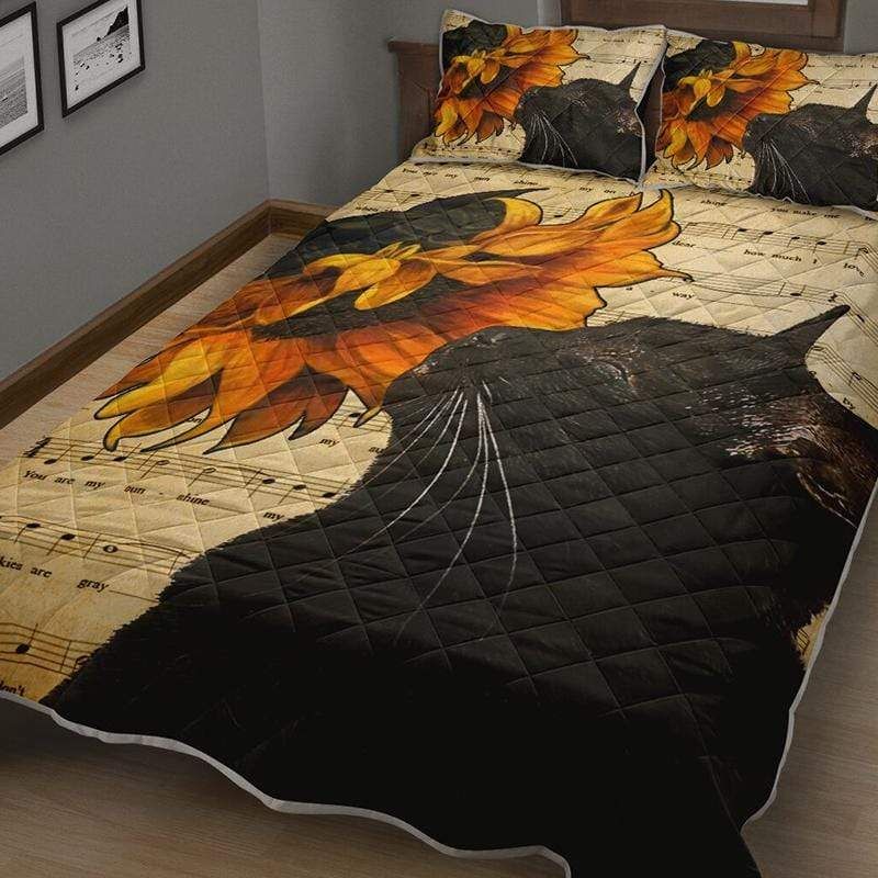 Black Cat And Sunflower Music Note Quilt Set