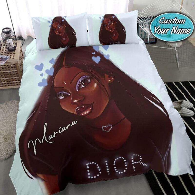 Personalized Black Girl Blue Heart Custom Name Duvet Cover Bedding Set