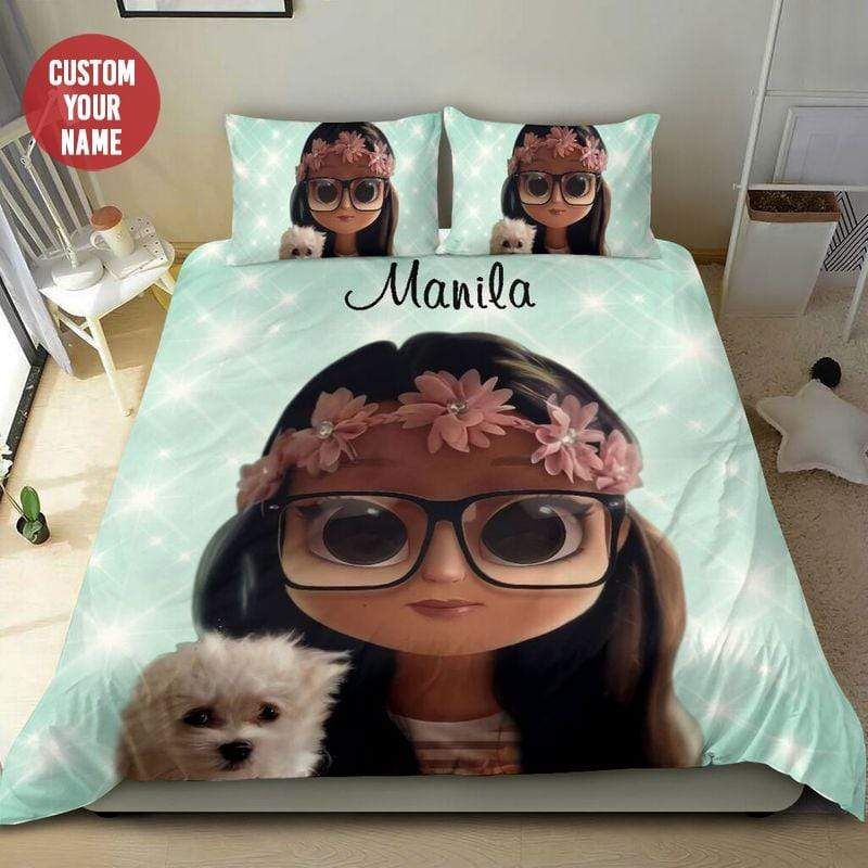 Personalized Black Cute Girl With Dog Custom Name Duvet Cover Bedding Set