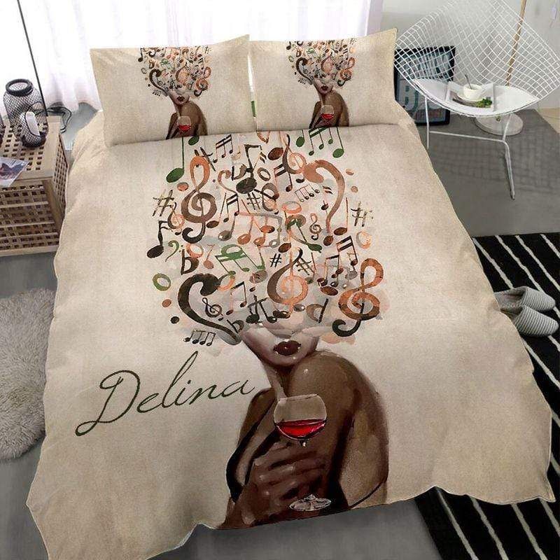 Personalized Black Girl Music And Wine Crown Custom Name Duvet Cover Bedding Set