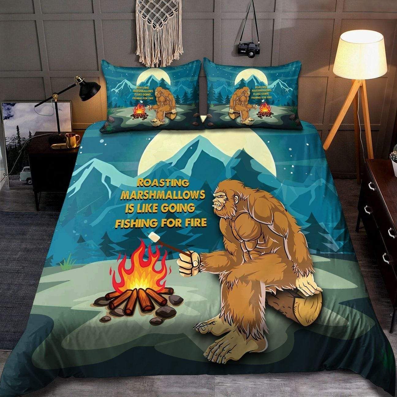 Bigfoot Camping In The Forest Roasting Marshmallow Duvet Cover Bedding Set