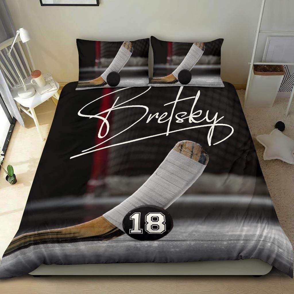 Personalized Hockey Custom Duvet Cover Bedding Set Stick & Puck With Your Name