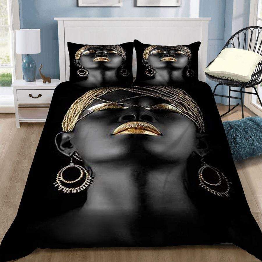 Black Woman Gold Art Duvet Cover Bedding Set