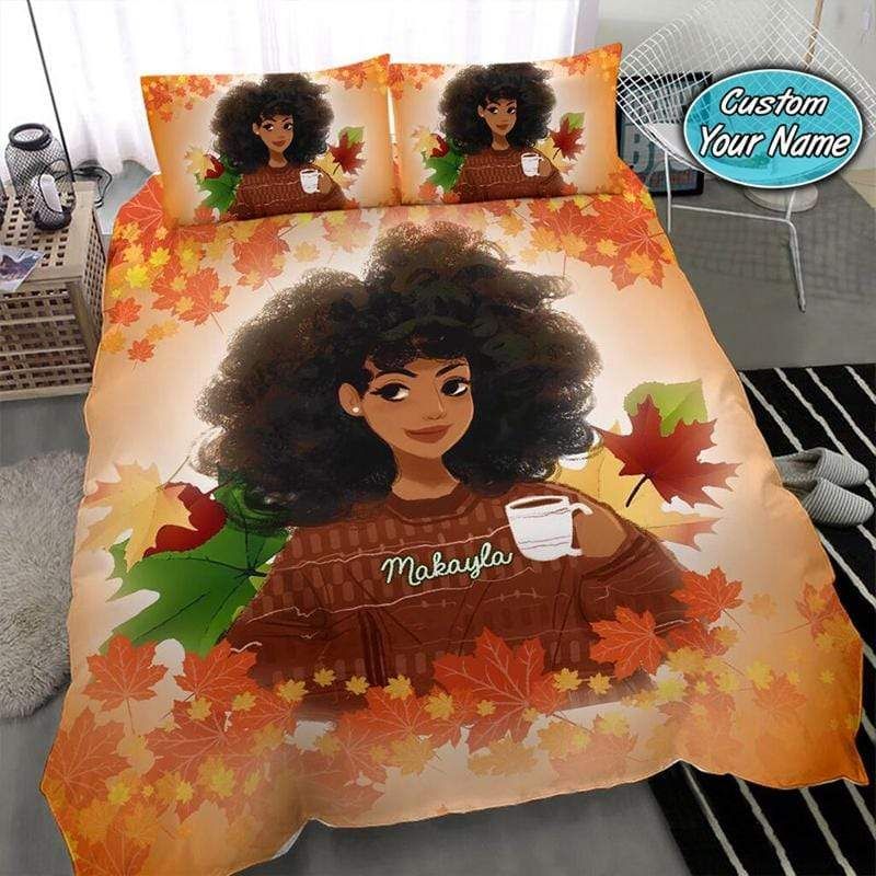 Personalized Cozy Fall Black Girl Custom Name Duvet Cover Bedding Set