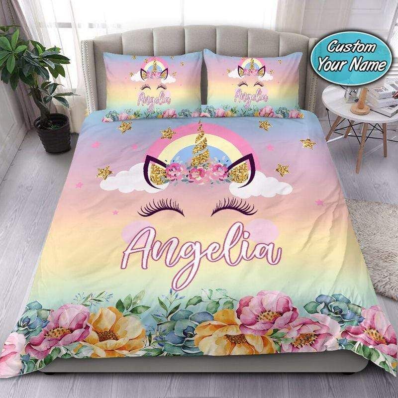 Personalized Unicorn Floral Pastel Custom Name Duvet Cover Bedding Set