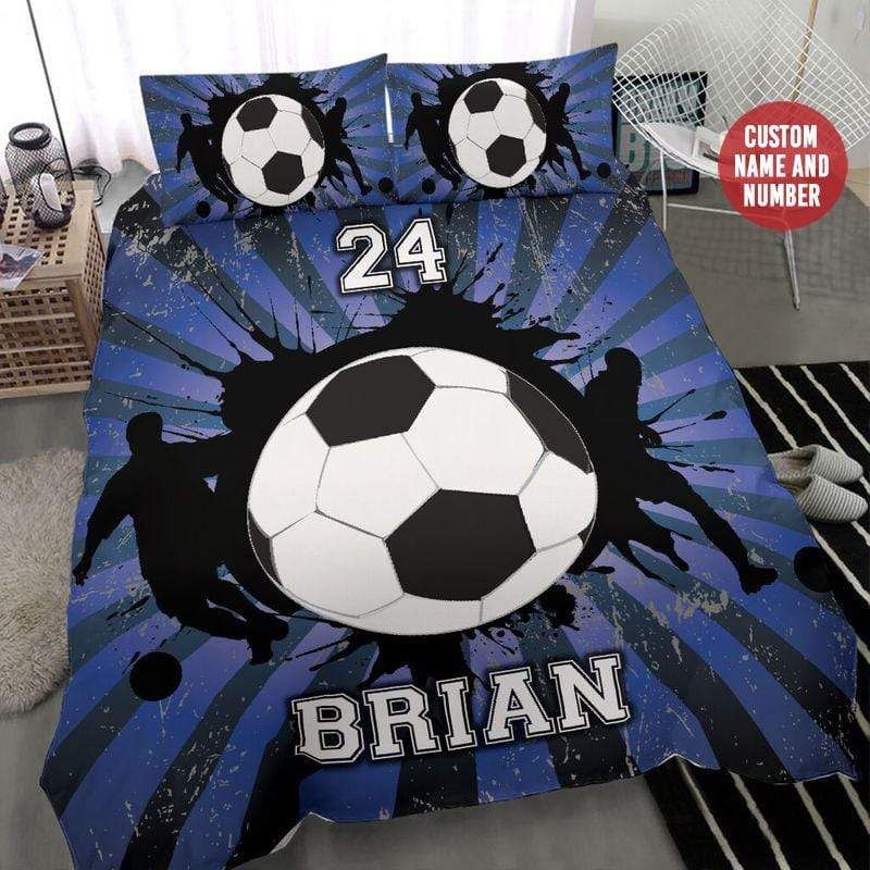 Personalized Soccer Player And Ball Blue Custom Duvet Cover Bedding Set With Your Name And Number