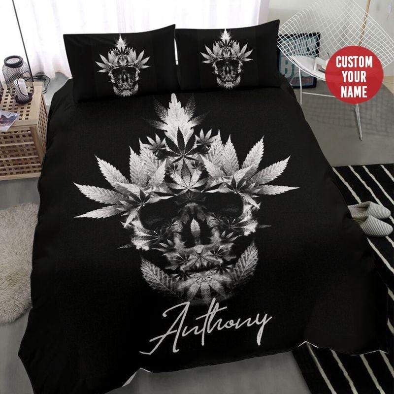 Personalized Weed Skull Black Custom Name Duvet Cover Bedding Set