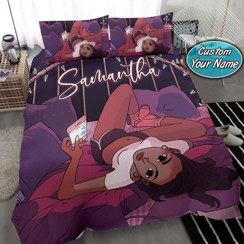Personalized Pretty Girl Lying Purple Custom Name Duvet Cover Bedding Set