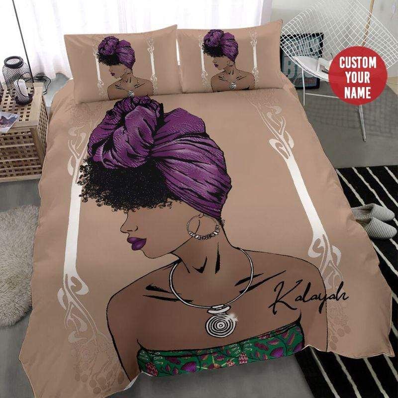 Personalized Black Girl Purple Lips Hairstyle Custom Name Duvet Cover Bedding Set