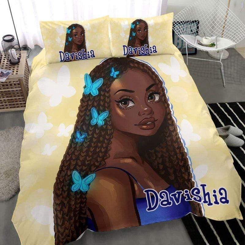 Personalized Black Girl Blue Butterfly Bedding Custom Name Duvet Cover Bedding Set