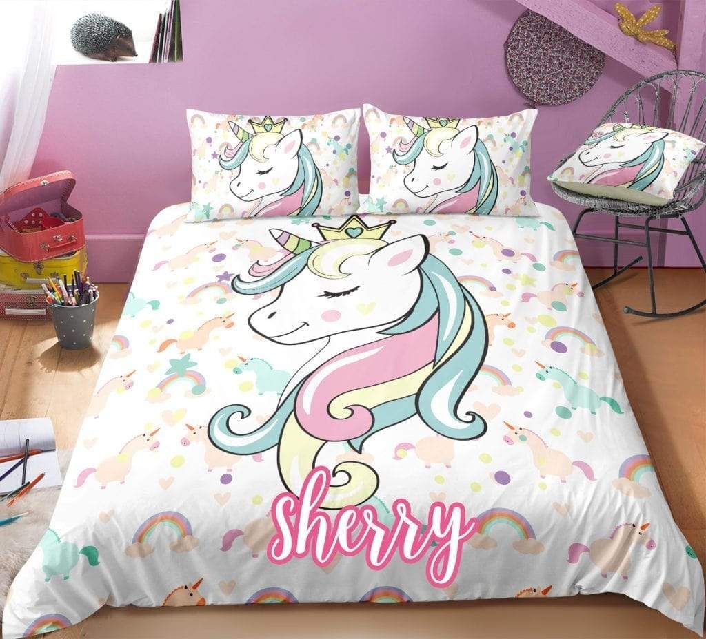 Personalized Sleeping Unicorn Bedding Custom Name Duvet Cover Bedding Set